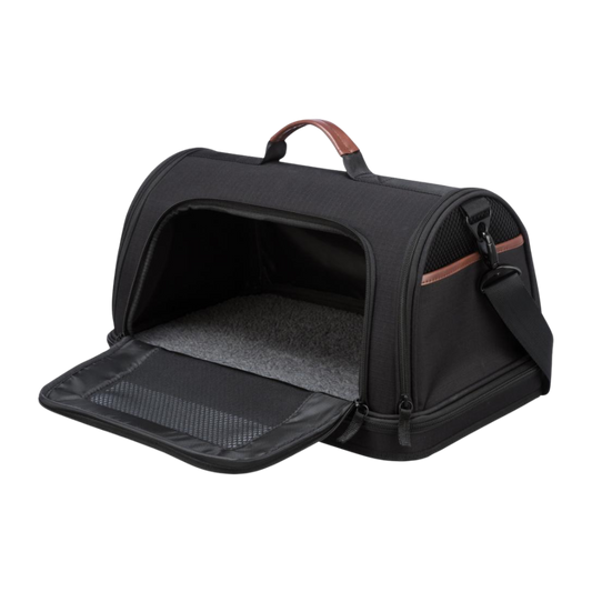 Flytaske til hund, sort med læderdetaljer