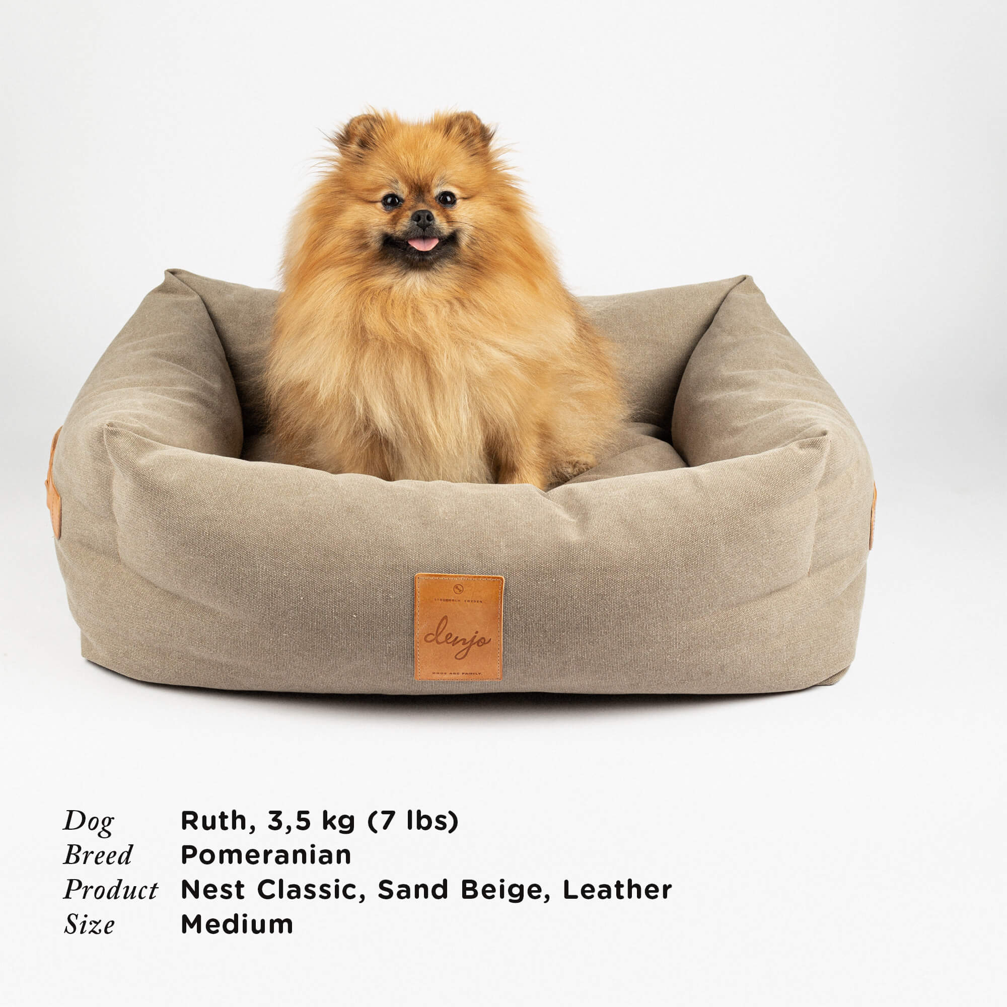 Denjo Dogs - Classic nest, Sand Beige med læderdetaljer